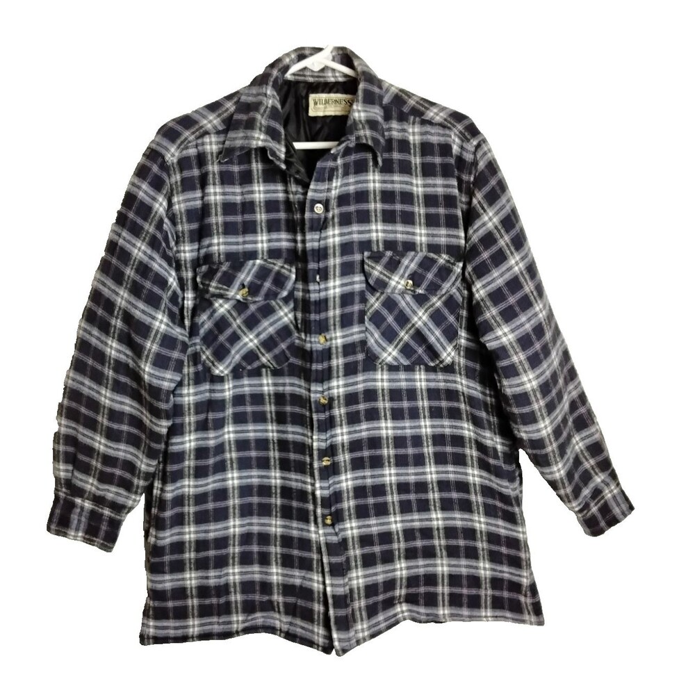 Quilted Flannel Shirt Work Jacket Womans Size Medium Blue Pink Gray Plaid